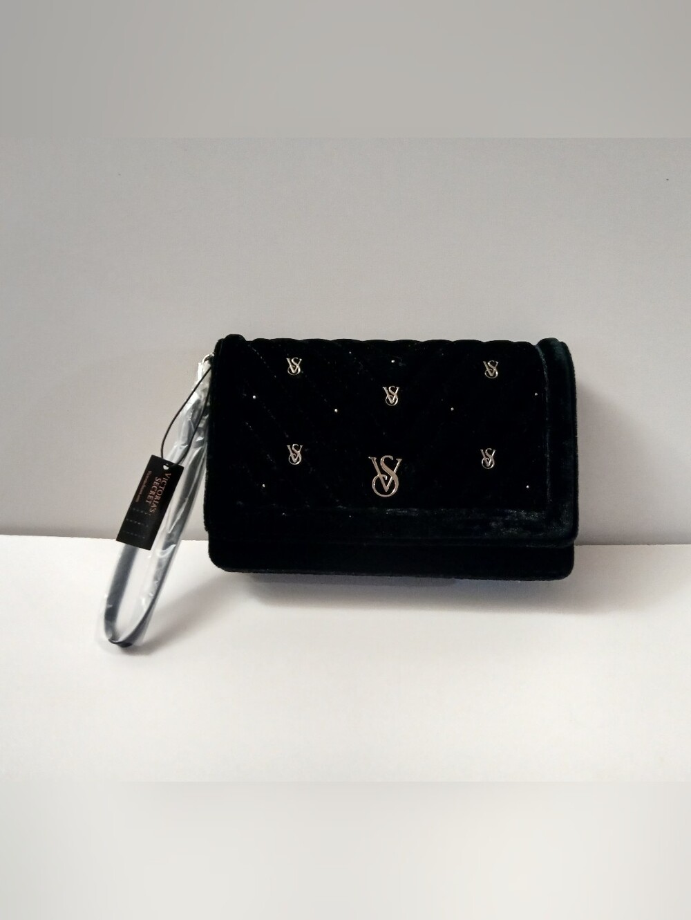 Victoria's Secret black velvet wallet wristlet featuring quilted detailing